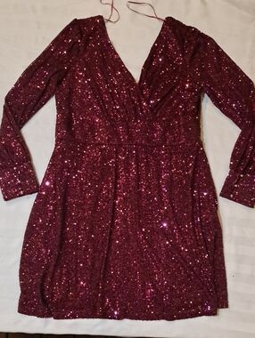 Suzy Shier Burgundy Sequin Long-Sleeve Dress. Whimisgoth, Festive, Sparkle Dress